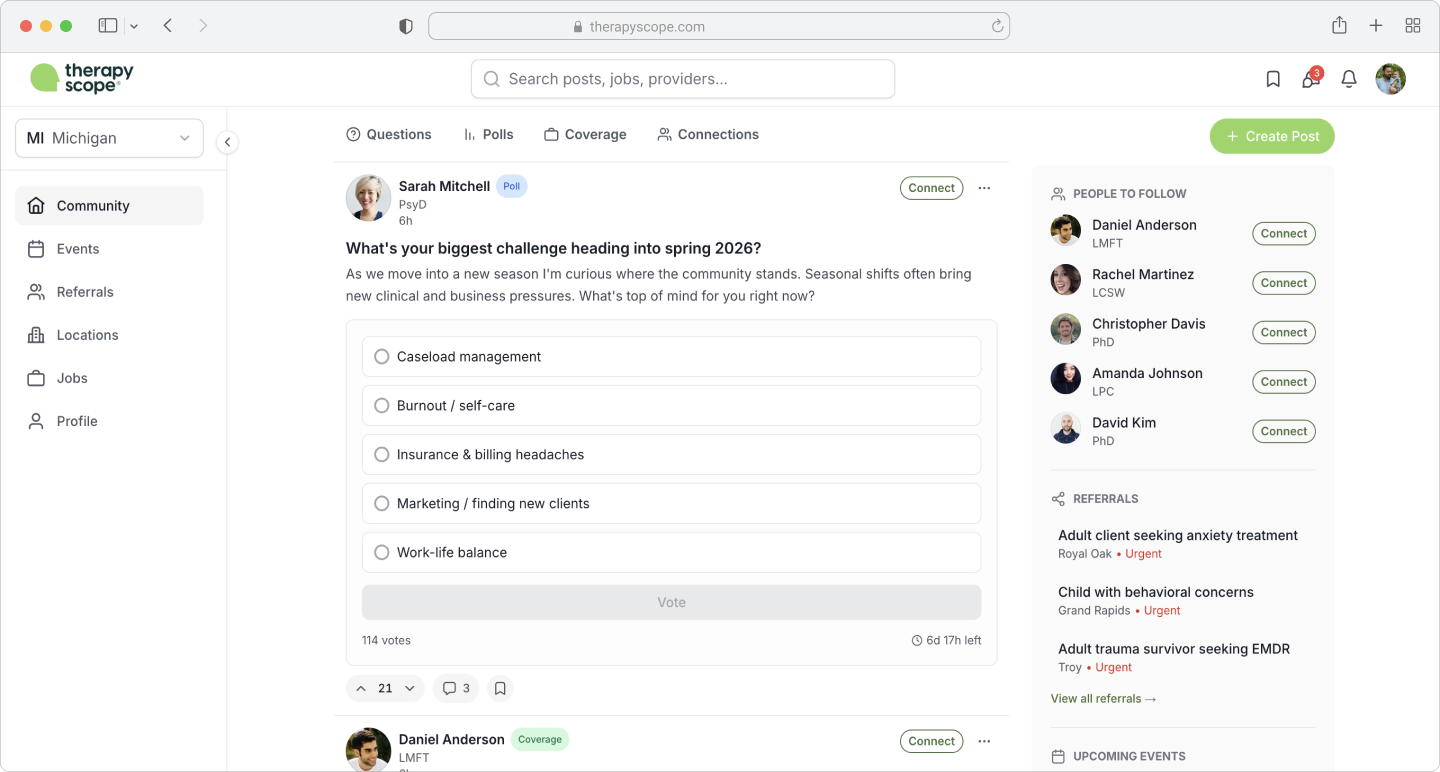 TherapyScope platform interface for mental health professionals